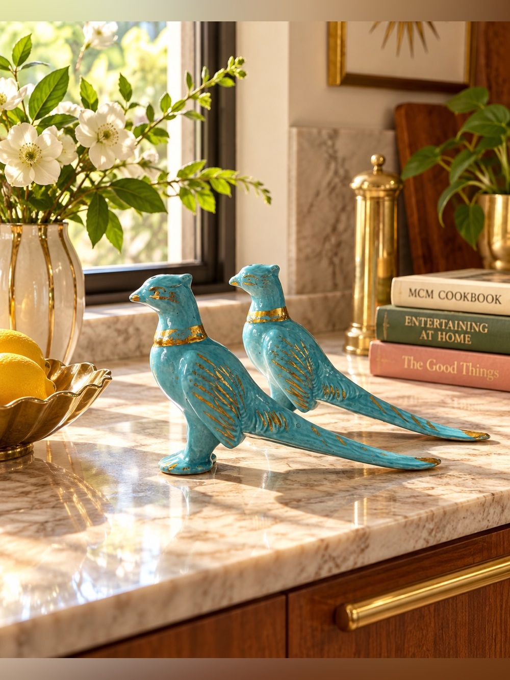 Vintage Turquoise Pheasant Salt Pepper Shakers MCM Ceramic Gold Accent Birds